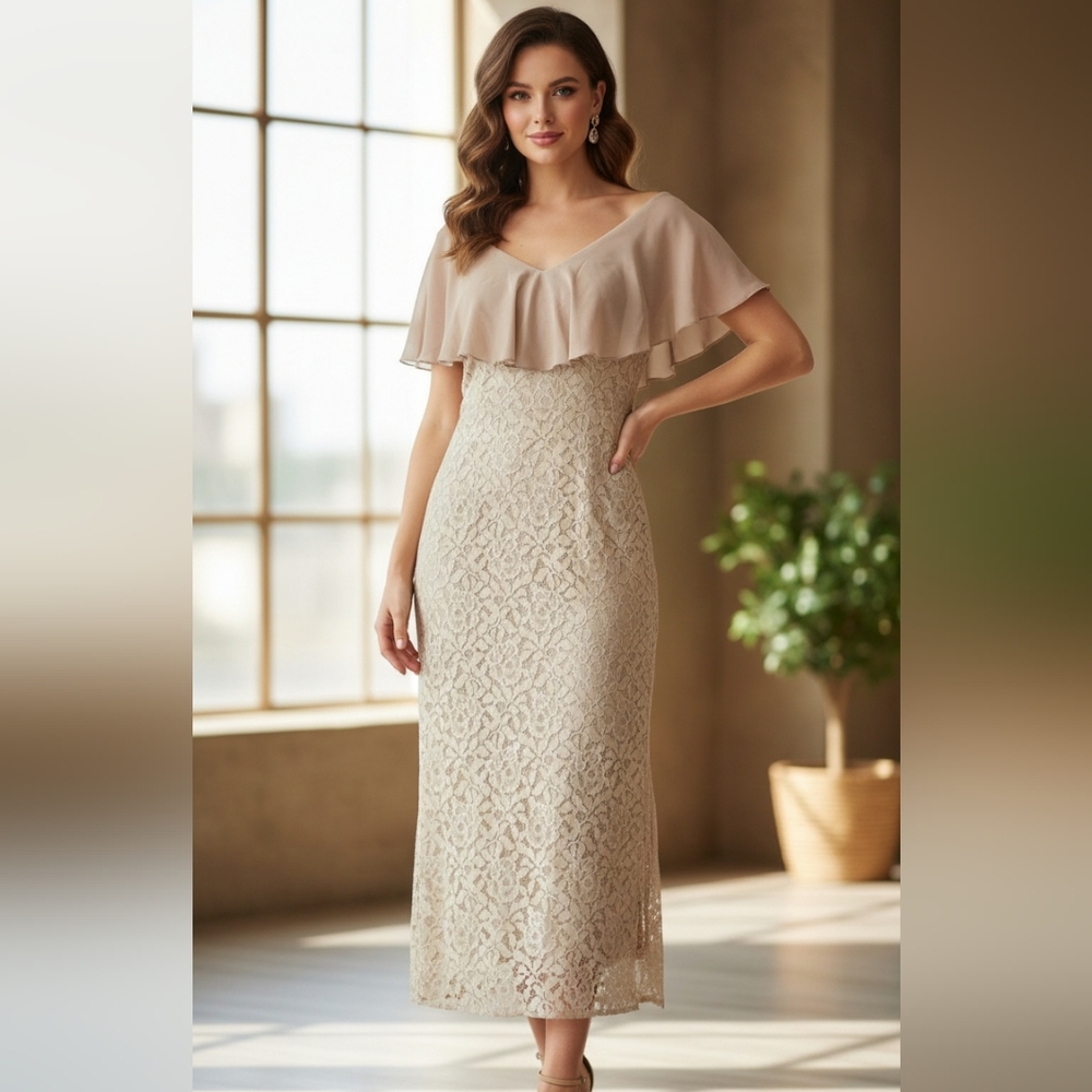 NWT JJ's House Taupe Lace Sequin Maxi Event/Cocktail Dress Wedding Guest Sz 10